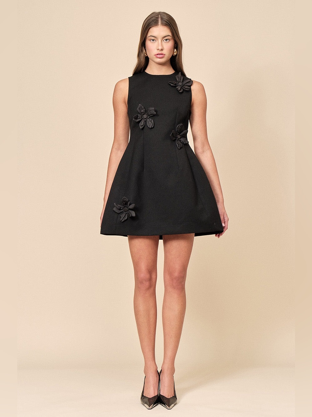 Sleeveless Black A-Line Floral Appliqué Mini Dress
